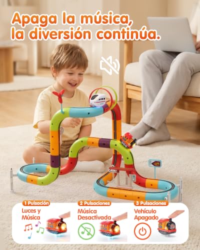 hahaland Electric Train Toy Kids 64 Pieces, DIY 3D Building Kit with Anti-Gravity Track, 2 USB-C Rechargeable Vehicles, Creative Stem Toy, Gift Boy Girl 3 4 5 6 Years Old