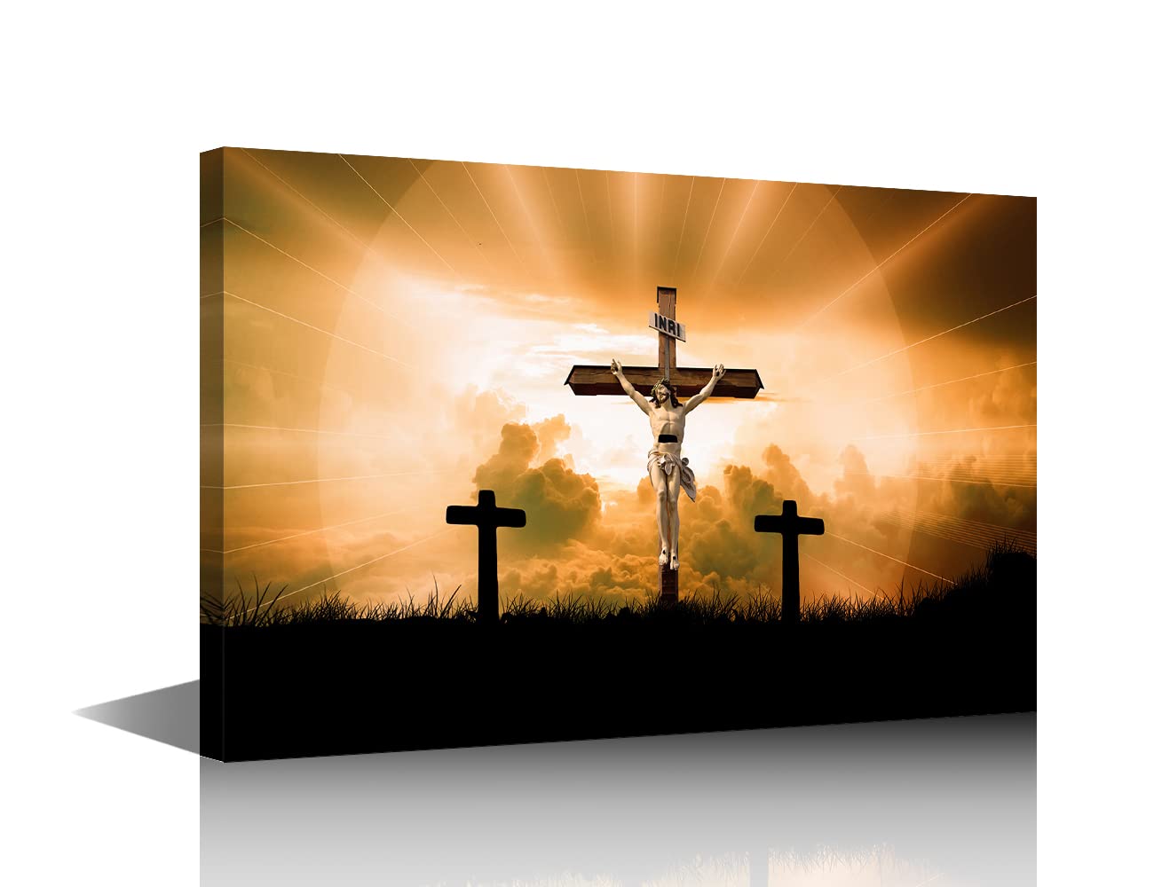 Crucifix Canvas Wall Art Decor Jesus Christ Dying on the Cross Prints Lord Religion Painting,easter sky sunshine Artwork Home Decor for Living Room Picture,Framed Ready to Hang - 24" W x 16" H