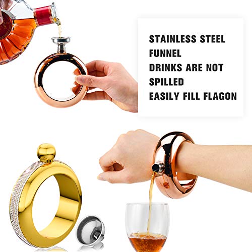 BOKIN Bracelet Bangle Flask 304 Stainless Steel with Handmade, Funnel in Gift Box for Women Girls Dance Birthday Party Club Bar, 3.5oz, Crystal Gold
