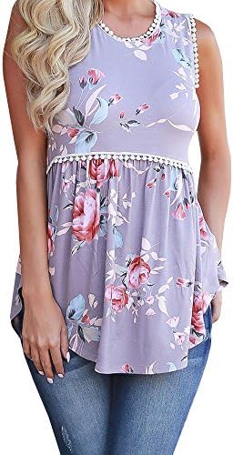 Offergood Women's Casual Sleeveless Off Shoulder Floral Print O Neck Ruffles Tank Tops (Medium, Purple)