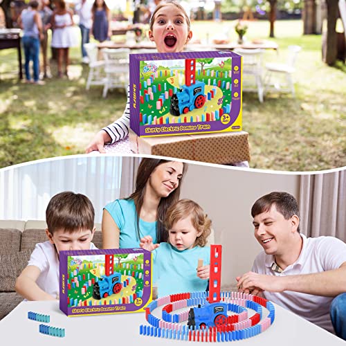 Skirfy Domino Train,200 Pcs Dominoes for Kids with Steam,Light & Sound, Automatic Domino Train Toy with Storage Bag,Train Domino Stacker,Creative Birthday Gifts for Boys and Girls Age 3-6