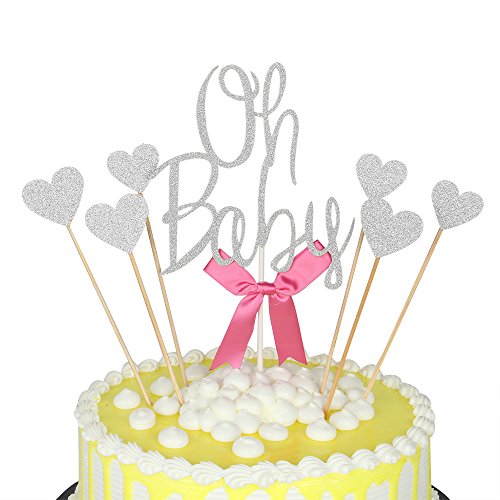 PALASASA Silver Glitter "Oh Baby" and love star Happy Birthday Cake Topper Party Baby Shower Cake Decoration,Set of 7