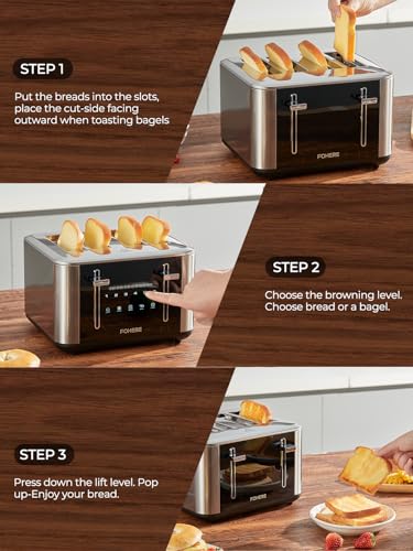 Toaster 4 Slices, 1600 W Intelligent Stainless Steel Toaster, 6 Colour Settings, Full Touchscreen Operation, Extra Wide 1.57 Inch Slot, with Digital Timer, Crumb Drawer, Silver