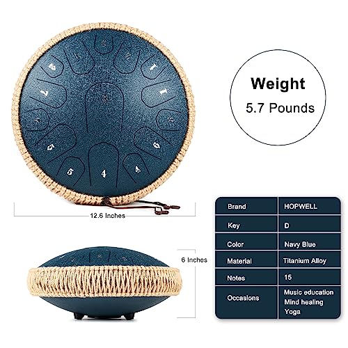 HOPWELL Steel Tongue Drum - 13 Inches 15 Notes Tongue Drum - Hand Pan Drum with Music Book, Handpan Drums Mallets and Carry Bag, D Major (Navy Blue)