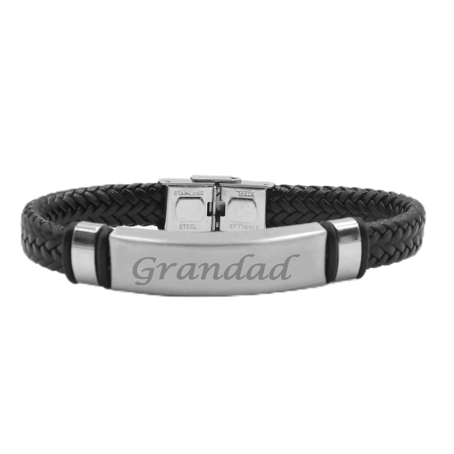 Kigu Grandad Personalised Black Leather Braided Bracelet, Incl Gift Bag - 22cm Length Bracelet