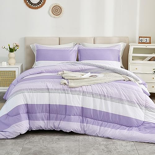 Litanika Lavender Comforter Set California King - 3 Pieces Lightweight Lavender Purple White Colorblock Stripe Fluffy Bedding Comforter Sets, All Season Bed Set