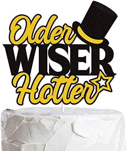 Older Wiser Hotter Cake Topper - Black Glitter Birthday Decor For 30th 40th 50th 60th Adult Parties