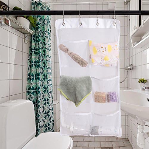 Bath Mesh Organizer With 6 Pockets.okroo Shower Hanging Organizer.Perfect For Bathroom Accessoires, Bath Toy Storage,Camping,Trip ( 4 Rings and 2 Suction Cups Included)