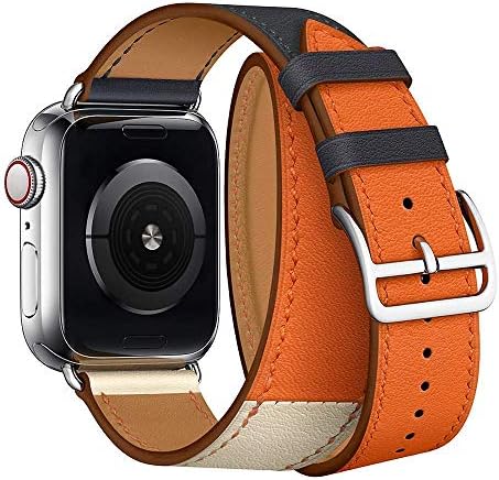 Triple Color Single Tour Leather Replacement Band Compatible with 44mm Apple Watch Series 4 and 42mm Apple Watch Series 3, 2, 1 - Indigo blue & Beige & Orange