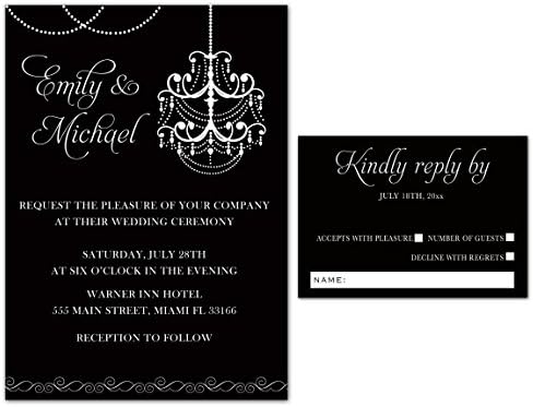 100 Wedding Invitations Gothic Chandelier Black White Elegant Design + Envelopes + Response Cards Set