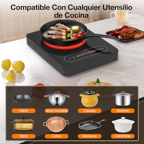 GTKZW Portable Ceramic Hob 2000W, Electric Stove 1 Fire 36 cm | Double Ring with 9 Power Levels and Timer, Compatible with All Utensils, for Camping and Small Kitchen