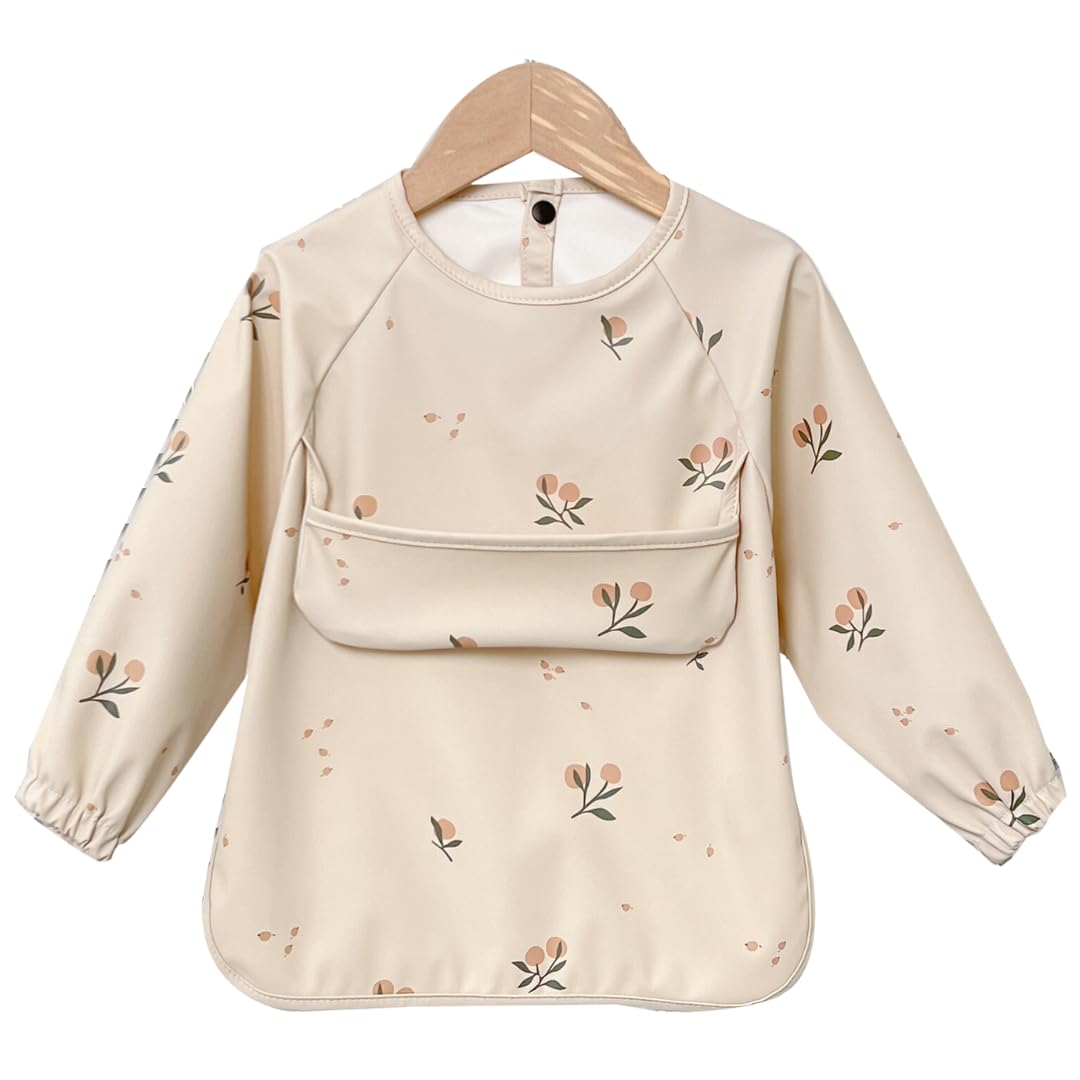 Alimos Long Sleeved Baby Bib 12-36 Months - Reversible Front Pocket for Baby Led Weaning - Waterproof & Easy to Clean - Ideal for Messy Mealtime - Cute & Practical Baby Feeding Bib(Olive)