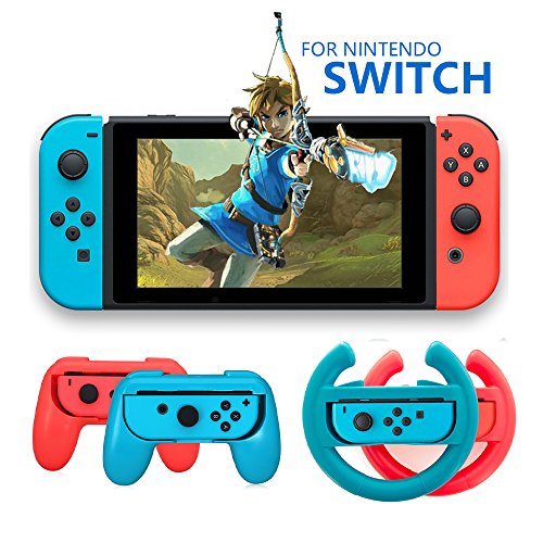 Switch Wheel, Lammcou Joy Con Racing Steering Wheel Handle Grip for Nintendo Switch Controller in Nintendo Switch Games Mario Kart 8 Deluxe,Gear.Club Unlimited, Monster Jam Crush It,GRIP -Blue&Red