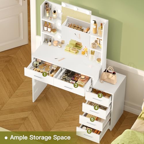 TEENFON Vanity Desk with 6 Drawers, 6 Open Shelves, Makeup Vanity with Mirror and Lights, Dressing Table with 3 Lighting Color Adjustable, Bedroom, White