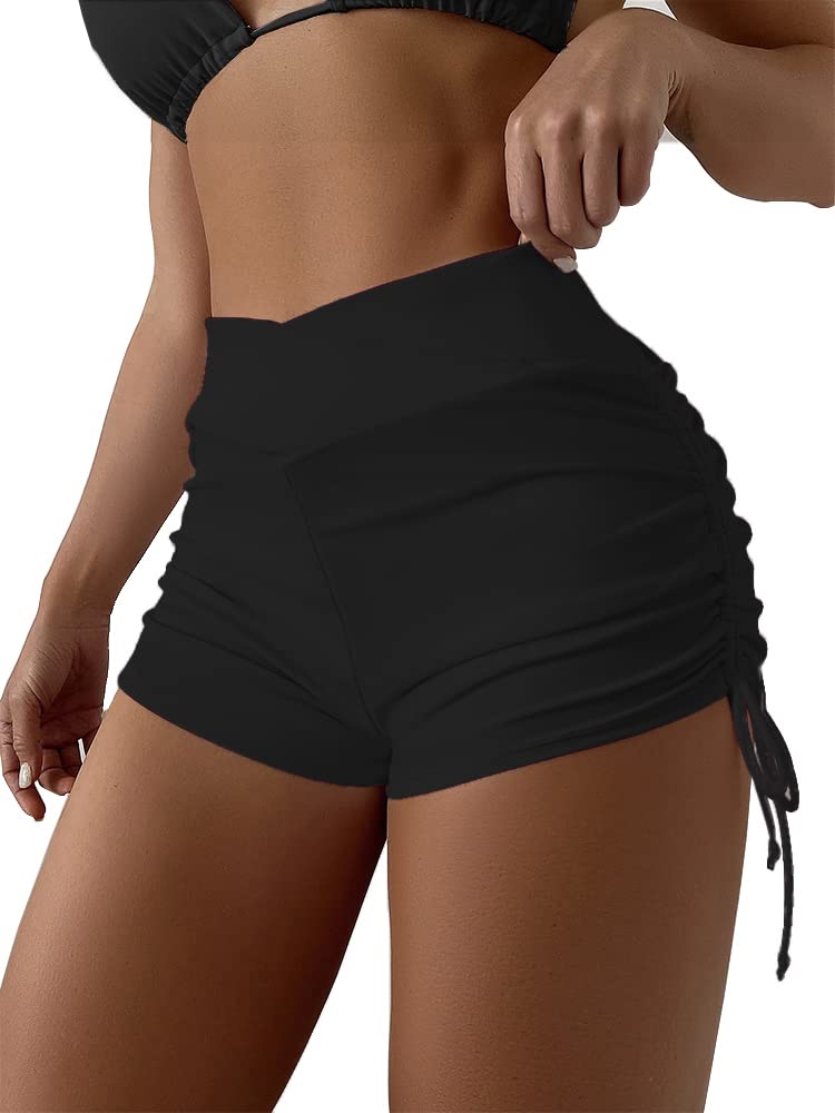 Photo 1 of SherryDC Women High Waisted Swim Shorts V Cut Bikini Swimsuit Bottoms Drawstring Ruched Bathing Suit Board Shorts Black