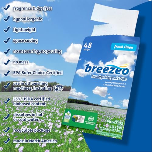 Laundry Detergent Strips (48 strips) - Fresh Linen Scent - More Convenient than Pods, Pacs, Liquids or Powders – Great for Home, Dorm, Travel, Camping & Hand-Washing