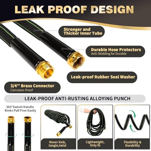 Ahititi Garden Hose 100 ft Water Hose Flexible Heavy Duty Outdoor Lightweight No Kink Long Non-Expandable High Pressure Flat Hoses Pipe 100’ Strong 3/4’’ Brass Fitting for Outside Yard Lawn Car Wash