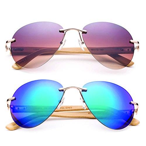 Newbee Fashion - Bamboo Arm Oversized Rimless Aviator Sunglasses with Flash Lens Bamboo Sunglasses for Men & Women