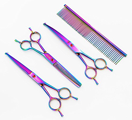 ROCOCO Professional Dog Grooming Scissors Set - Stainless Steel Rounded Tip Sharp Durable Shears Pet Grooming Comb in Kit - Best Tools Trimming Every Sensitive Dog Cat (Multicolour)