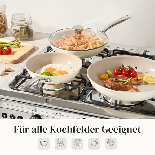 Redchef Ceramic Induction Pan Set, 6 Pieces, Non-Stick Frying Pans 20 24 28 cm with Lid for All Types of Cookers, Stainless Steel Handle, PTFE-Free, PFAS Free, PFOA-Free, Oven-Safe, Dishwasher Safe (Beige)