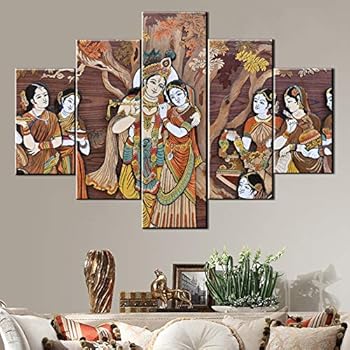 Indian Hindu Gods Painting Radha Krishna Pictures House Decorations Living Room 5 Pcs/Multi Panel Canvas Vintage Wall Art Artwork Giclee Framed Stretched Ready to Hang Posters and Prints(60''Wx40''H)