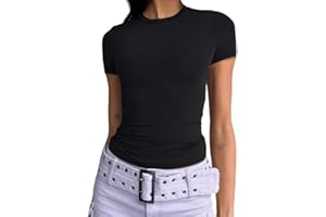 Dwnval Womens Sexy Basic T Shirts Summer Short Sleeve Crewneck Slim Fit Cute Crop Tops