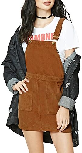Wenxuan Women's Corduroy Suspender Skirt Overall Mini Dress