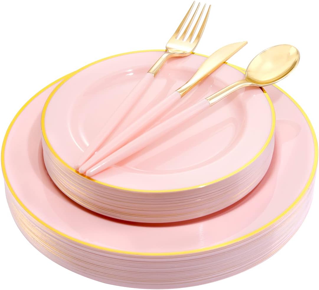 SUT 120 PCS Pink Plastic Plates, Disposable Gold Cutlery with Pink Handle, Perfect for Party and Shower, Includes: 24 Dinner Plates, 24 Dessert Plates, 24 Knives, 24 Forks, 24 Spoons