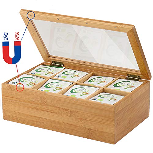Bamboo Tea Box Organizer with Acrylic Lid, Natural Wood Tea Bag Holder Chest with 8 Storage Compartm Bamboo Tea Box Organizer with Acrylic Lid, Natural Wood Tea Bag Holder Chest with 8 Storage Compartm