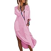 utcoco Womens Casual Loose Cotton Linen Long Shirt Dress Lapel Button Cuffed Sleeve Side Split Dresses with Pockets