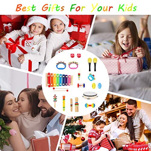 Kids Musical Instruments, ShinePick Musical Instruments Toys Set for Toddler, 20Pcs Wooden Percussion Instruments Tambourine Maracas Harmonica for Boys & Girls with Carry Bag