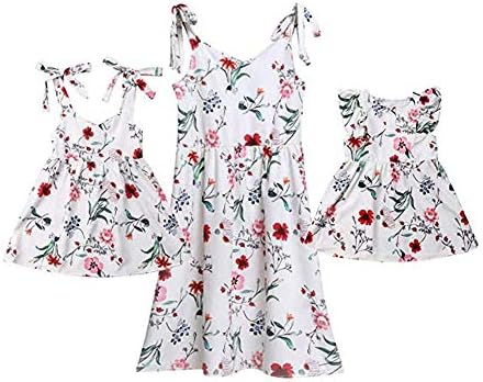 Family Matching Summer Dress Mommy and Me Floral Printed Shoulder-Straps V-Neck Midi Casual Sundress