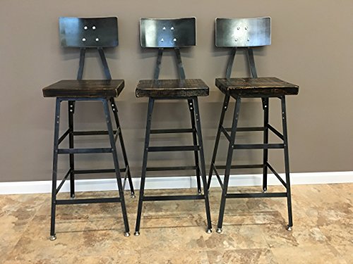 Set of Four Reclaimed Wood Stools | Salvaged Barn Wood | Steel Backrest | FREE SHIPPING - Thumbnail 2