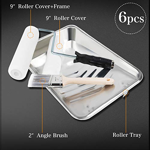 ETERNA Roller Paint Set,6-Piece Painting Roller Kit,9" Painting Roller,Angle Brush, lint-Free Cover,Sturdy Frame,Tray with Liner,6Pcs Kit for House Decorating DIY Walls Ceiling