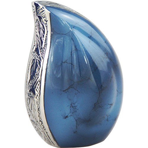 Keepsake Urn Funeral Cremation Urns Memorials - Small Urn for Human Ashes - Fits a Small Amount of Cremated Remains - Display Burial Urn at Home or Office (Blue Tears Gemstone Texture, Brass Baby Urn