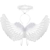 SzJias Angel Costume Wings and Halo Angel Costume Wings for Girls Kids Angel Feather Wings for Halloween Christmas Eve (White)