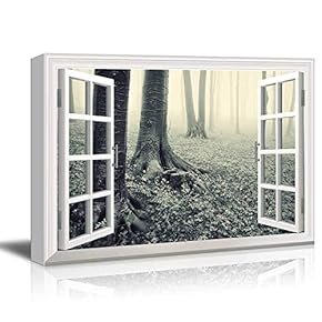 Modern White Window Looking Out Into a Gray Foggy Forest - Canvas Art Home Art - 24x36 inches