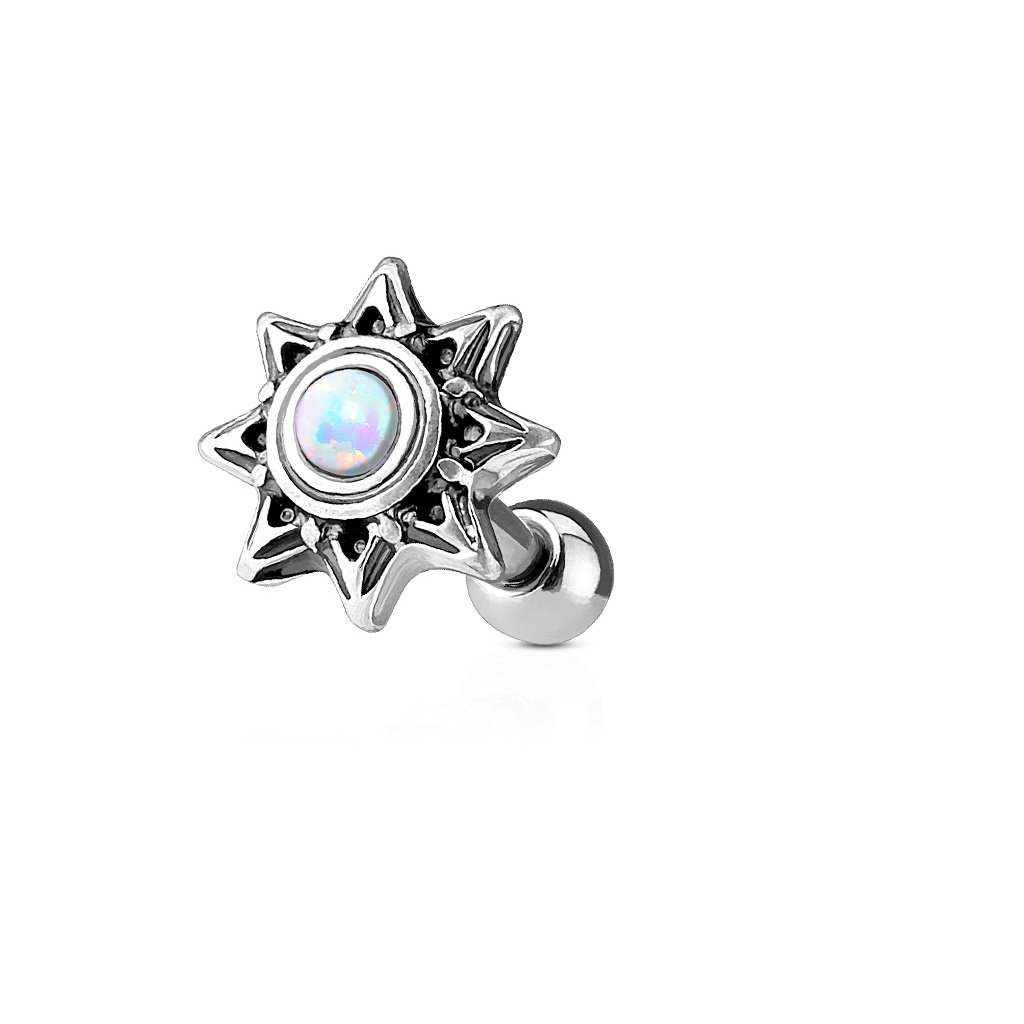 PiercedOff 316L Surgical Steel Externally Threaded Tribal Sun Cartilage Barbell with White Synthetic Opal - Thickness 16GA(1.2mm) / Length 6mm / Ball Size 3mm and Sun size 7mm.