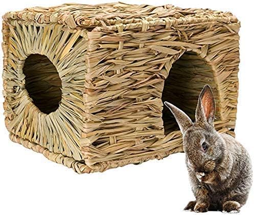MODEHUAYING Natural Seagrass Mat Bed Hideaway Toy, Hand Woven for Rabbit Guinea Pig Chinchilla Ferret, brown, Small