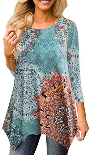 Women's 3/4 Sleeve Damask Floral Printed Tunic Tops with Pocket Casual Irregular Hem Asymmetrical Blouse T Shirt