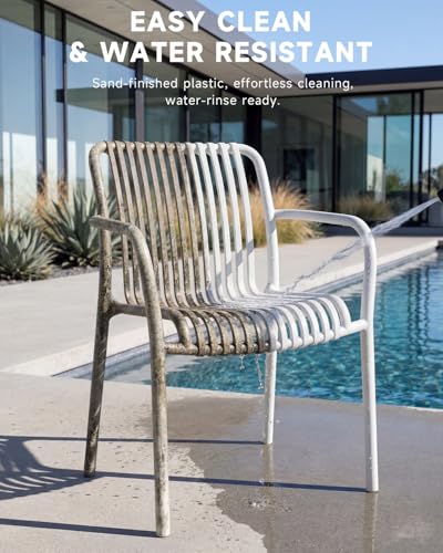 HariNorgen Set of 4 Outdoor Indoor Dining Chairs, Heavy Duty Stackable Patio Seating,Weatherproof & UV Resistant Plastic Armchairs for Garden,Balcony and Terrace, Pre-Assembled, White