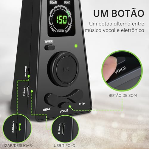 Metrônomo digital VEDO com temporizador, contagem vocal em inglês, operação um toque e display colorido fácil leitura Metrônomo eletrônico com controle volume para piano, guitarra, bateria e violino
