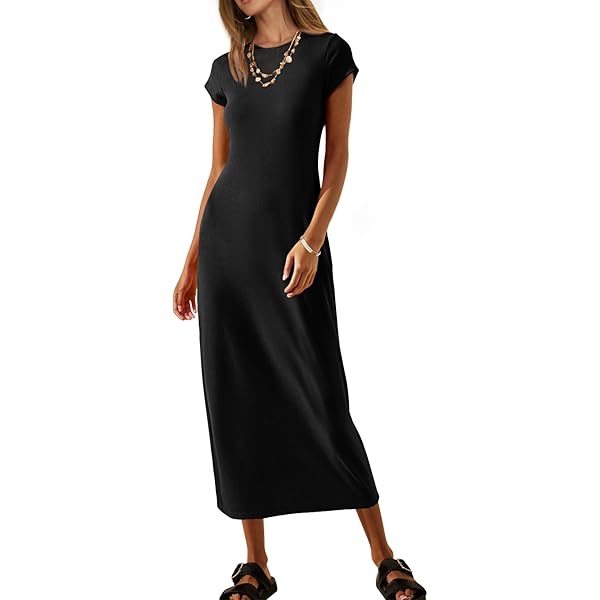 Wenrine Women's Short Sleeve T-Shirt Dress Summer Crew Neck Basic Solid  Casual Long Midi Dresses Army Green at Amazon Women's Clothing store