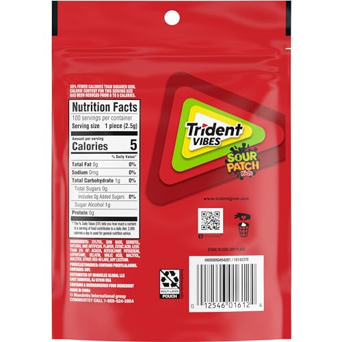 TRIDENT VIBES SOUR PATCH KIDS REDBERRY SUGAR-FREE CHEWING GUM, RESEALABLE POUCH, PACK OF 1 (100 PIECES)