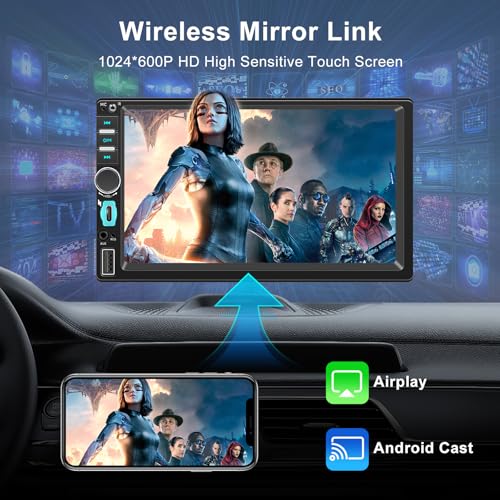 1 DIN Car Radio with Wireless Screen CarPlay and Android Car, 7 Inch Bluetooth Car Stereo Touchscreen, GPS Navigation, Mirror Link, FM, Rear Camera, Voice Controls, Type-C