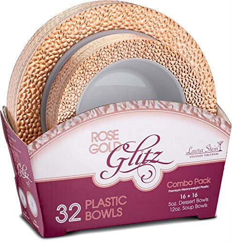 Designer Dinnerware Set | 32 Disposable Plastic Party Bowls | White Wedding Bowl with Rose Gold Rim | Set Includes 16 x 12 oz Soup Bowls + 16 x 5 oz Dessert Bowls | Glitz Series