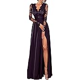 KJDERWEI Lace Chiffon A-Line Formal Dress V Neck Floor Length Long Sleeves Evening Dresses with Appliques Split Front