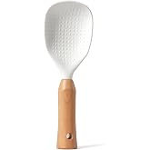 Standing Silicone Rice Scooper, Non Stick Rice-Cooking Spoon Paddle Heat Resistant Rice Spatula with Wooden Handle for Kitchen Cooking, Mixing, Scoop, Scrape, Beige