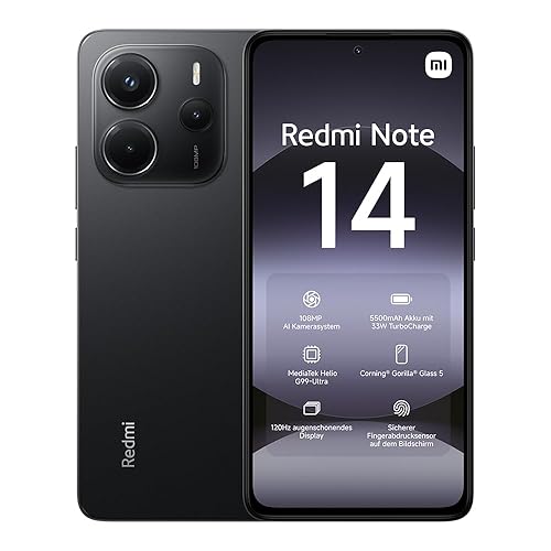 Xiaomi Redmi Note 14 smartphone, 6+128GB, black, 108MP AI camera system, 5500mAh battery, 120Hz eye-care display, AI features (no charger included), 2 year Warranty