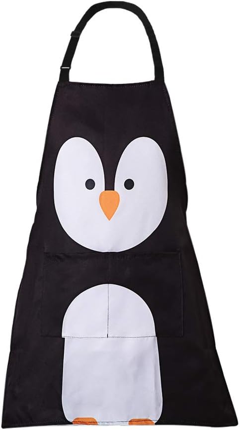MissOwl Adjustable Apron with Pockets Bib for Kids Cooking Baking Painting Penguin